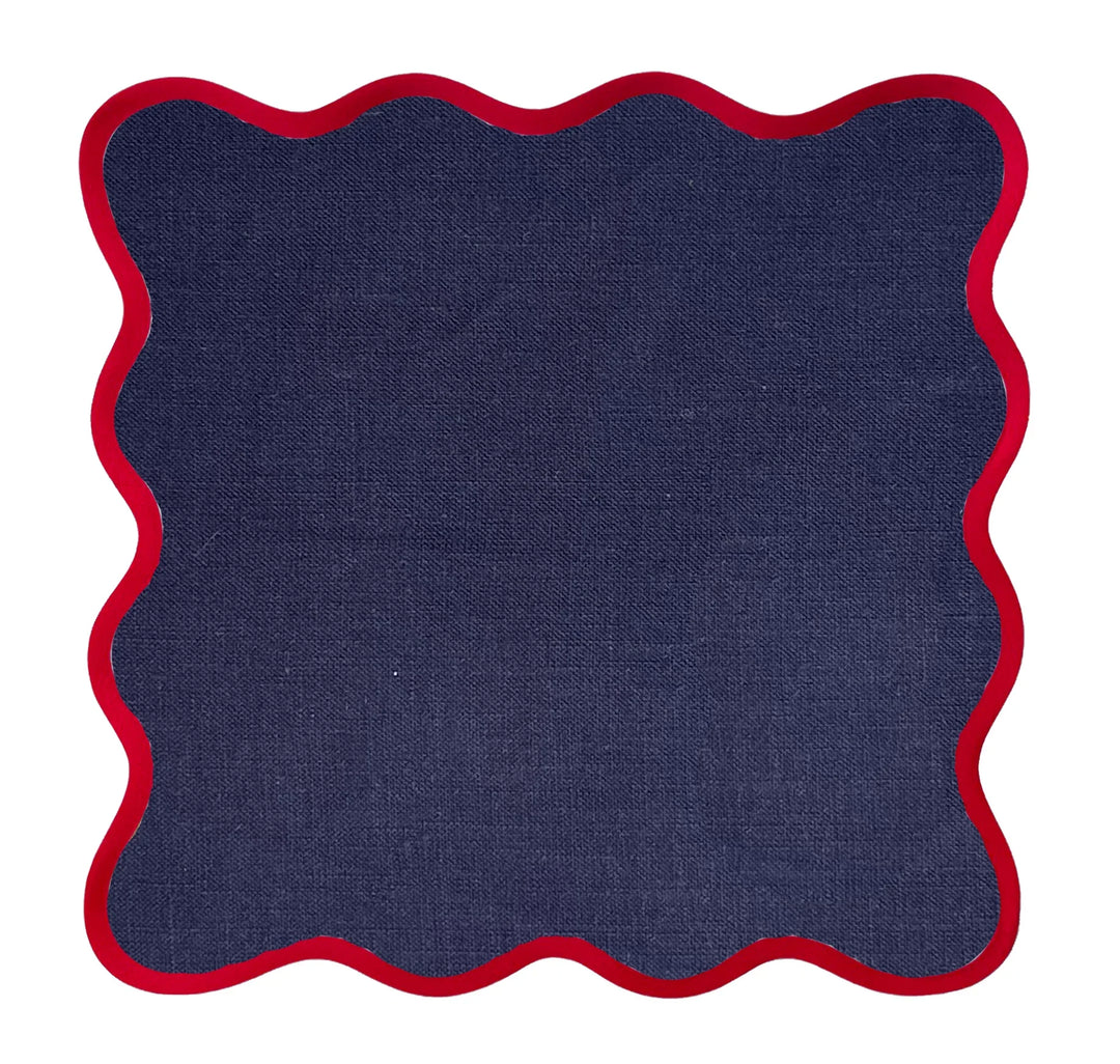 Linen Scalloped Square | Navy Blue with Red Trim | PRE-ORDER ONLY