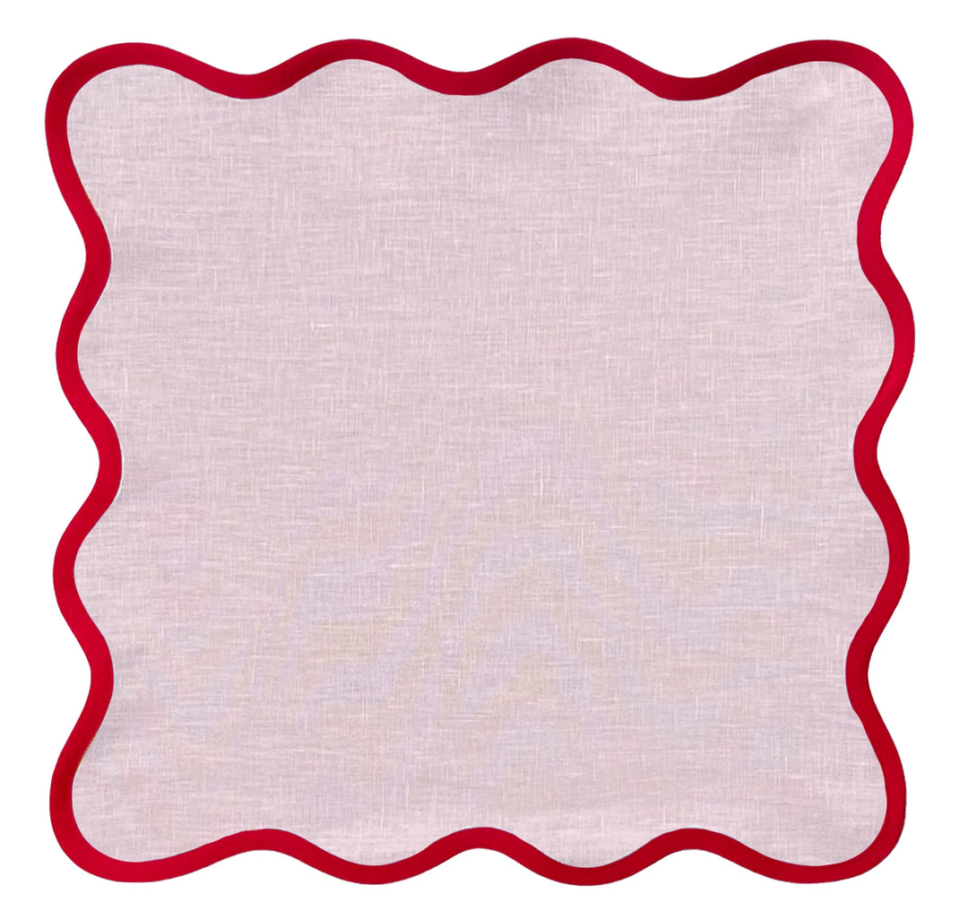 Linen Scalloped Square | Peony Pink with Red Trim | PRE-ORDER ONLY