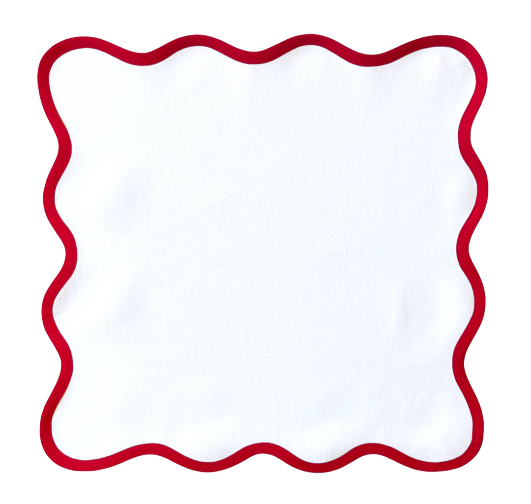 Linen Scalloped Square | Lily White with Red Trim
