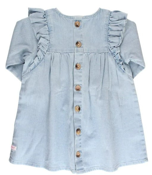 Light Wash Denim Flutter Button Back Dress